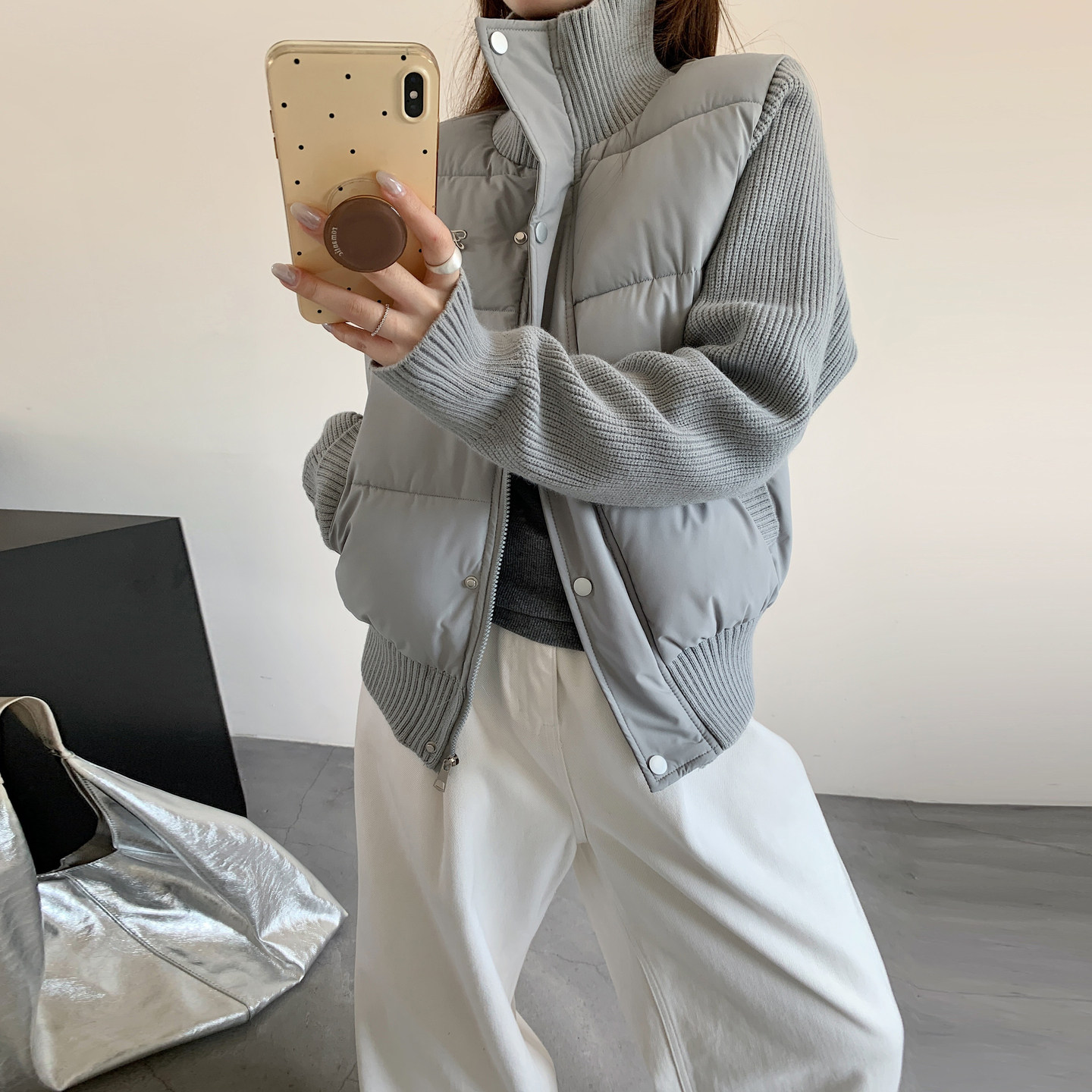 轻薄短款针织拼接羽绒棉服女2026冬季新款立领小个子棉衣棉袄外套