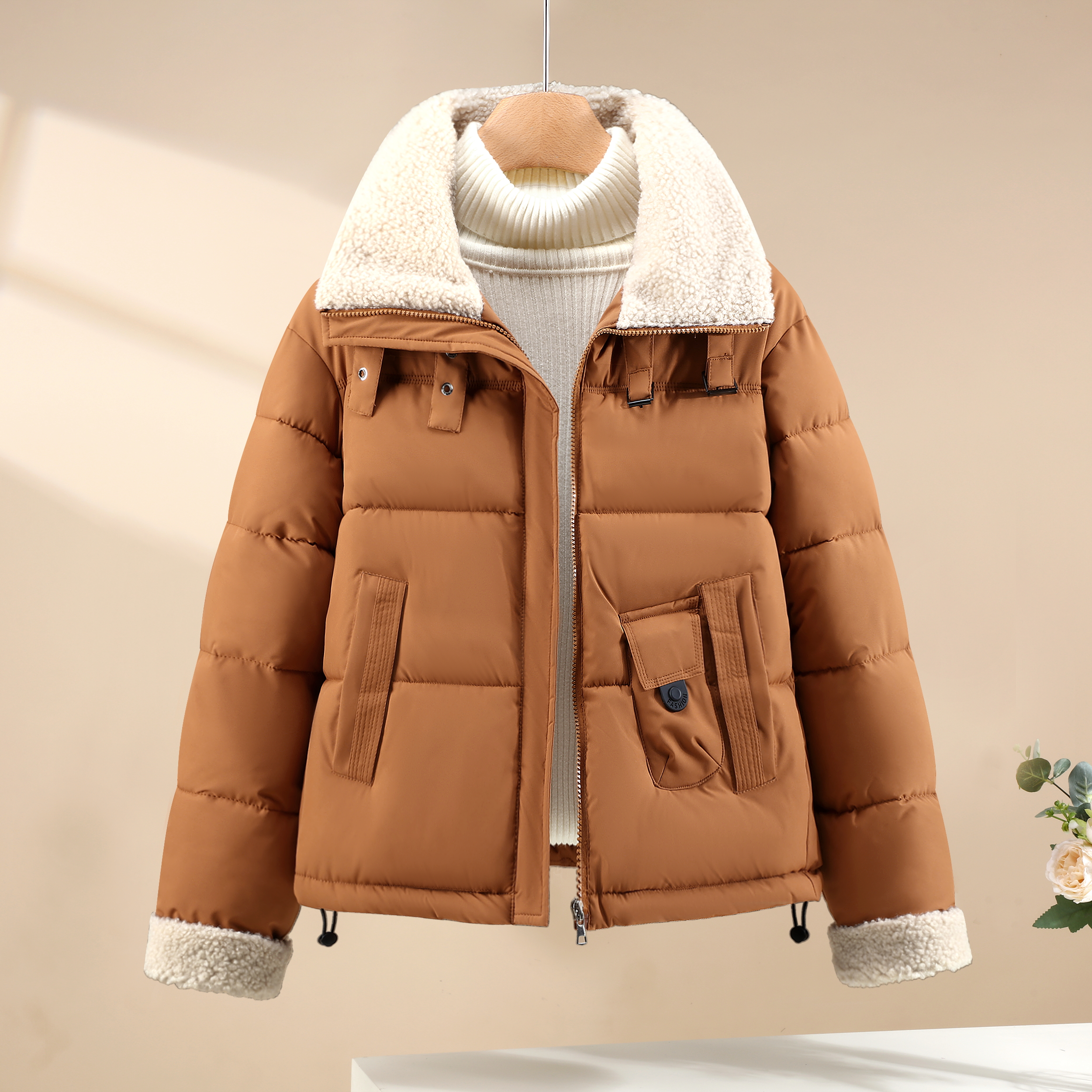 羊羔毛领羽绒棉服女短款2025冬季新款加厚保暖面包服洋气棉袄外套
