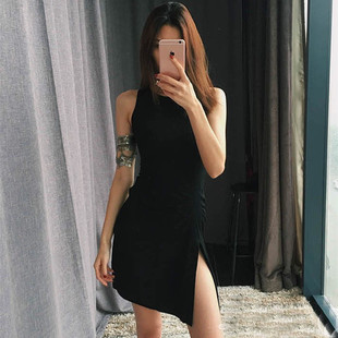 kendall夜店显身材高叉欧美风性感不规则褶皱高叉棉紧身连衣裙