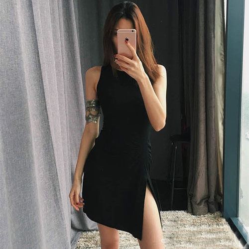 kendall棉纯色欧美风开叉A