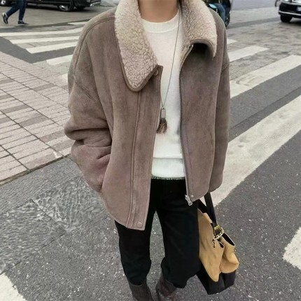 东大门2025冬季新品韩版宽松显瘦两面穿搭慵懒感加厚皮毛一体外套