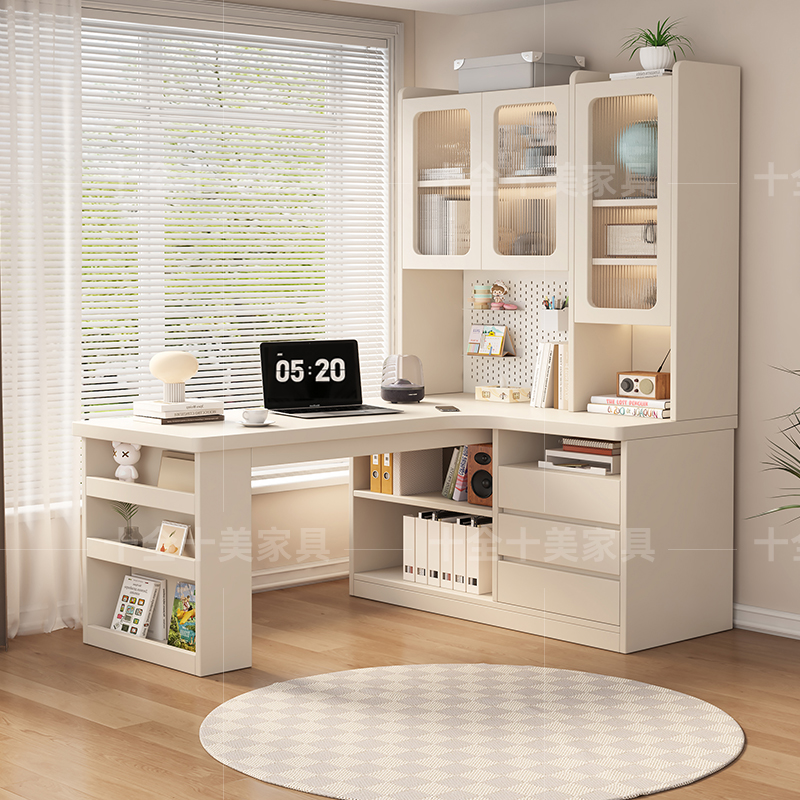 转角书桌带储物柜一体学习桌实木简约现代家用卧室办公台式电脑桌
