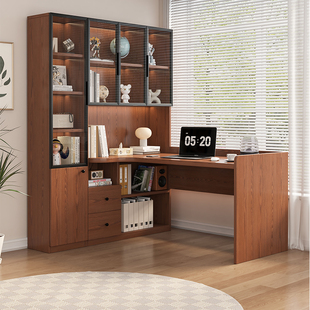 转角书桌书柜一体组合带玻璃门家用卧室学生学习桌实木办公电脑桌