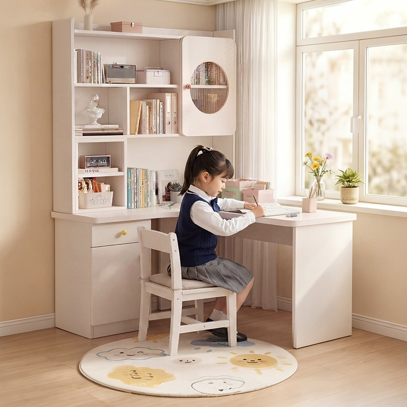 转角书桌书架一体桌家用儿童学习写字桌子卧室简约现代台式电脑桌