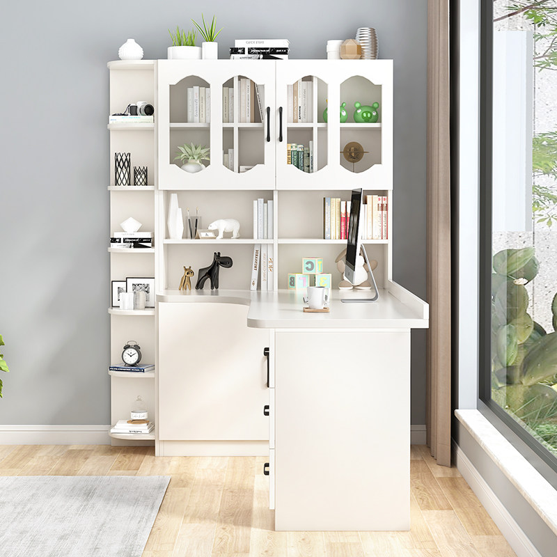 实木转角书桌书架一体书柜组合家用学生学习桌拐角现代台式电脑桌