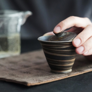 黄文庭【绞胎银口】柴烧手作盖碗 自然落灰 包银圈口 小容量直口