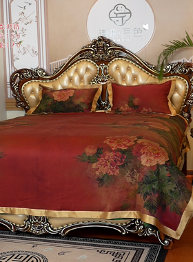 【漫朴月色】重锻香云纱红牡丹四件套CP1193