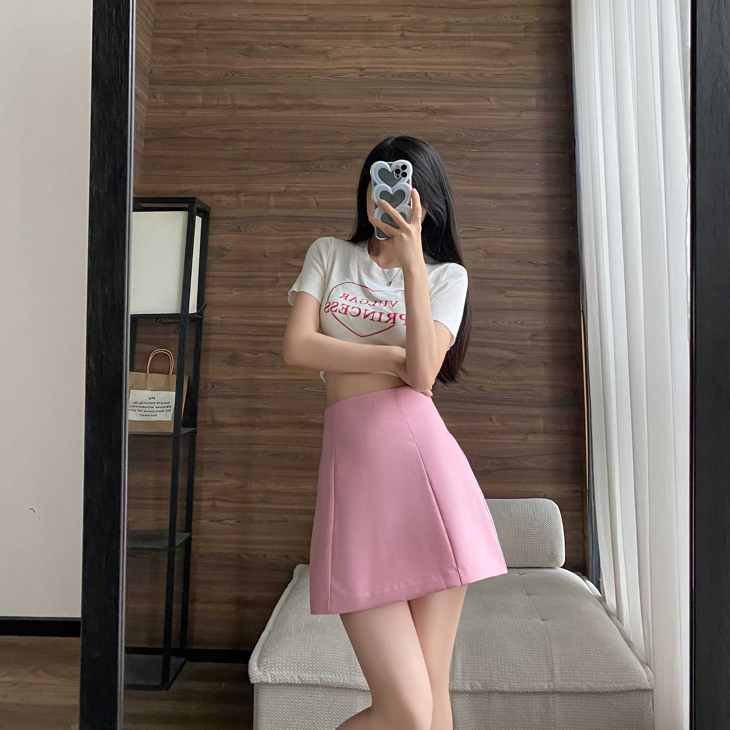 短裙高腰新粉色半身裙女百搭法式胖mma字裙显瘦夏桔梗复古裙子