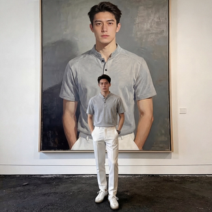 宽肩轻熟风t恤cleanfit收腰短袖 美式 男宽夏季 boxy麻灰亨利polo衫