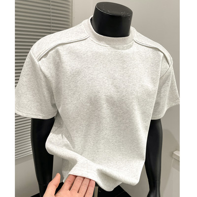 白灰色美式重磅短袖T恤男圆领宽松半袖卫衣空气层纯色内搭上衣潮