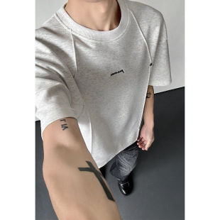 宽松潮牌高街痞帅正肩半截袖 T恤男加肥大码 上衣 解构铆钉短袖 美式