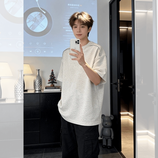 套头上衣男士 美式 宽松圆领黑色休闲半袖 T恤夏季 百搭 潮流拉链短袖