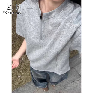 cleanfit半袖 浅灰色亨利领正肩t恤男款 polo衫 半拉链重磅短袖 夏季