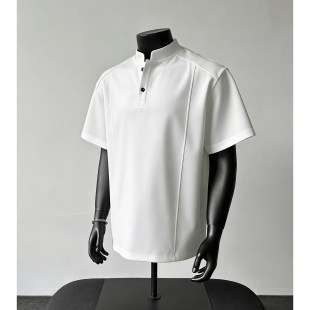 春夏潮牌宽松boxy正肩内搭休闲打底衫 白色解构亨利领短袖 T恤男款