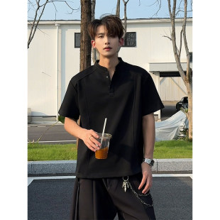 半袖 痞帅高级感t恤宽松慵懒风立领打底衫 男夏季 boxy黑色垫肩短袖