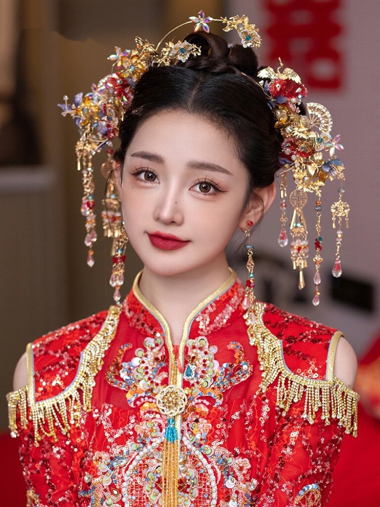 新款新娘气质中式红色复古半冠头饰古装秀禾服手工凤冠婚礼配饰品