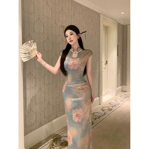 夏季2025新款自制新中式高级提花缎面水滴立领连衣裙 清妃笑