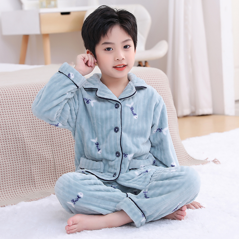 新款珊瑚绒秋冬保暖加厚中大童法兰绒男女儿童亲子装家居睡衣服