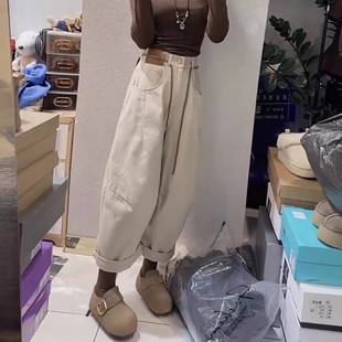 女冬季 胖mm遮胯设计感阔腿老爹裤 爆款 女装 大码 加绒加厚弯刀牛仔裤