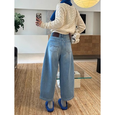 浅蓝色九分阔腿牛仔裤女冬季加绒