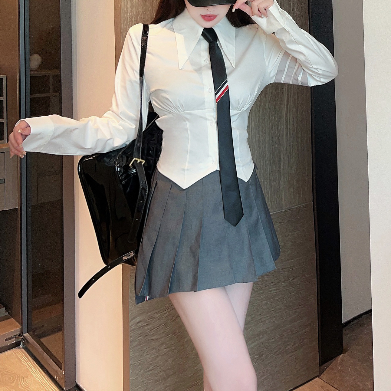 tb收腰束腰jk短款修身长袖白衬衫女纯欲衬衣春秋新款上衣/配领带