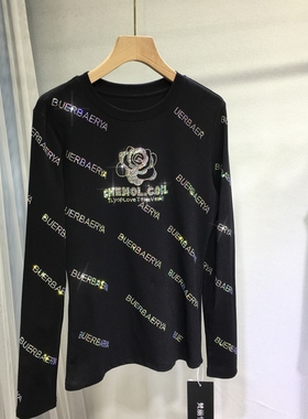 欧货重工烫钻打底衫女山茶花圆领秋衣字母黑色长袖紧身小衫秋冬