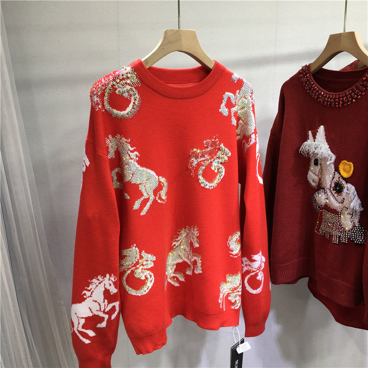 新年毛衣本命年马加厚保暖红色毛衣宽松中长款显瘦长袖针织衫上衣