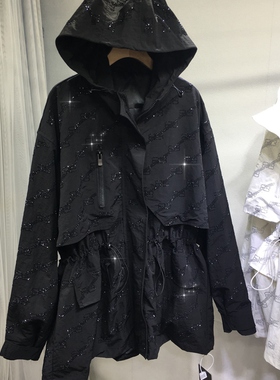 欧货重工烫钻风衣外套女宽松中长款春秋收腰显瘦连帽冲锋衣大衣潮