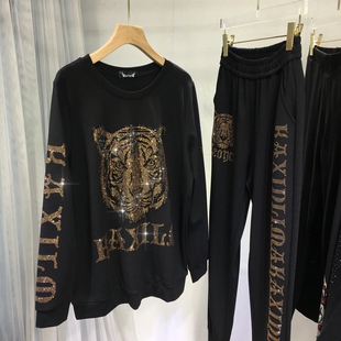 欧货重工烫钻卫衣女霸气老虎头上衣+休闲卫裤两件套装秋冬新款潮