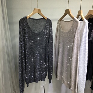 针织衫 上衣秋冬新款 显瘦 大版 欧货重工烫钻毛衣女闪圆领宽松中长款