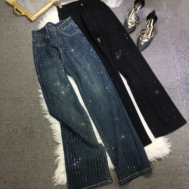 欧货重工烫钻牛仔裤女轻奢闪亮高腰显瘦蓝色弹力长窄版直筒裤子潮