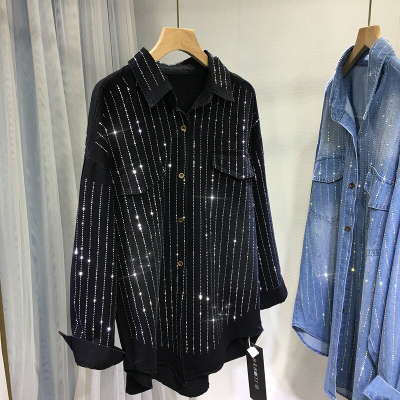 欧货重工烫钻外套女经典牛仔黑色宽松中长款衬衣秋装新款显瘦开衫
