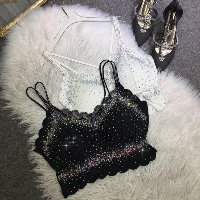 大码美背欧货重工烫钻女丝滑裹胸凉快蕾丝细肩带内搭背心露背夏季