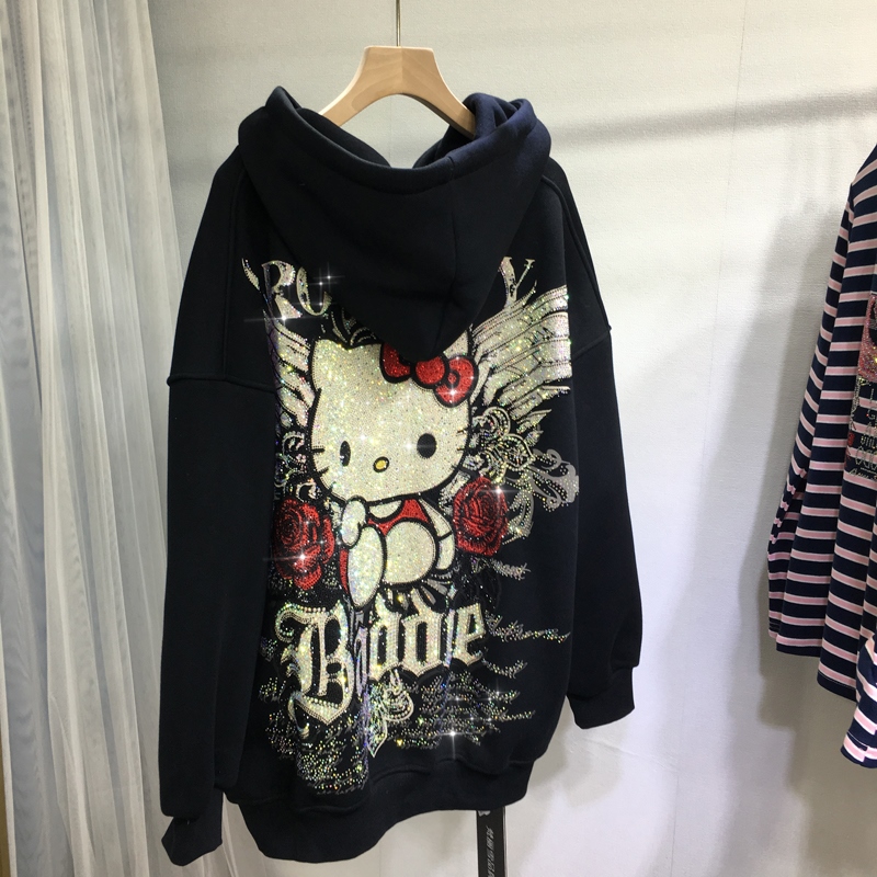 加绒加厚外套连帽欧货重工烫钻KT宽松翅膀保暖大衣黑色秋冬潮新