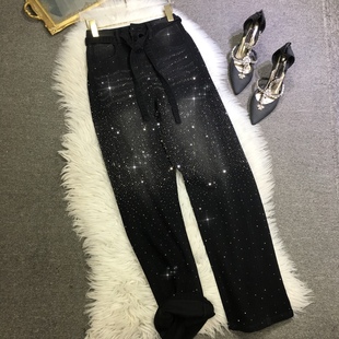 欧货重工烫钻牛仔裤女满钻闪亮高腰显瘦黑色弯刀裤百搭秋冬季长裤