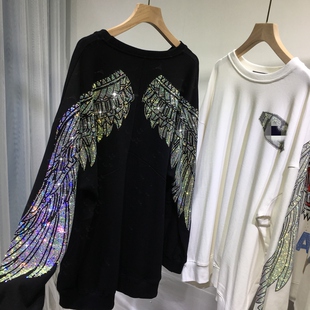 潮 圆领秋冬新款 欧货卫衣女重工烫钻大翅膀上衣宽松大版 显瘦中长款