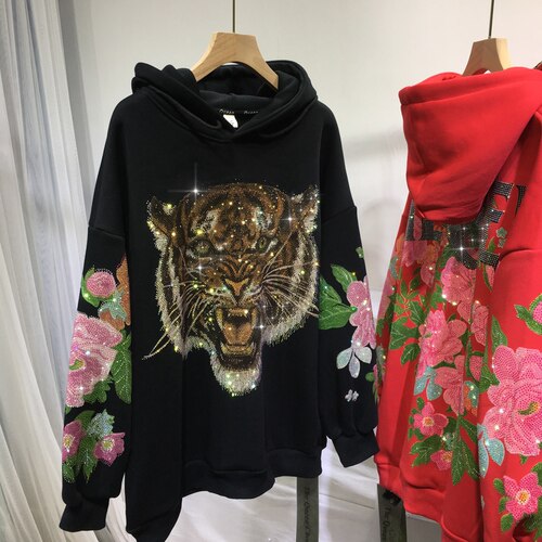 加绒加厚卫衣欧货重工烫钻中长款牡丹花老虎头上衣宽松秋冬季
