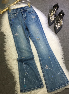 欧货重工烫钻牛仔裤女蓝色显瘦蝴蝶结钉珠高腰修身微喇裤子秋冬季
