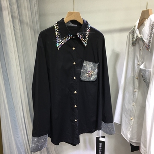 欧货重工烫钻衬衫 闪 女简约大气翻领白色衬衣单排扣宽松显瘦配西装