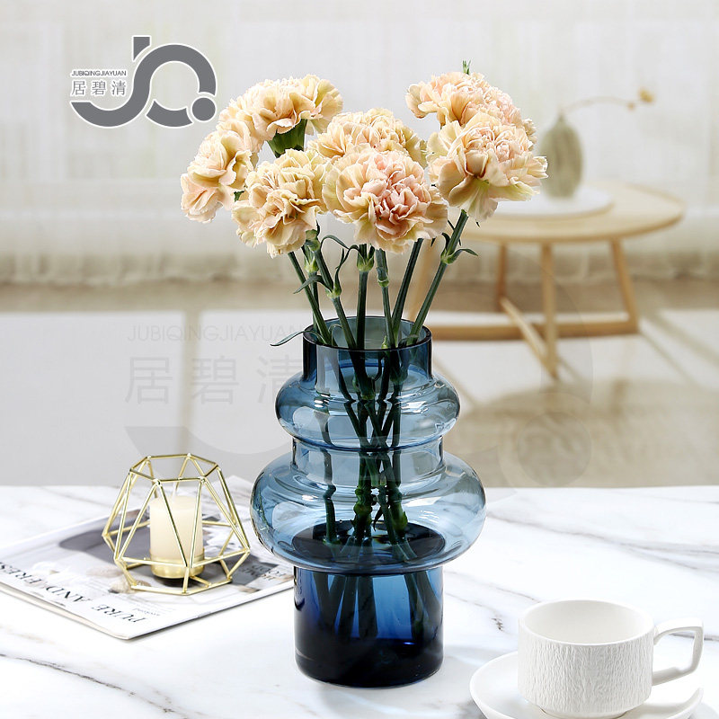 北欧富简约圆柱系列色玻璃花瓶竹圆柱造型水蓝培贵插花百合玫瑰向