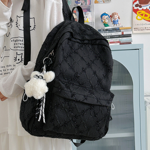 AZN 宽肩带女背包书包黑色2025大容量初中生高中生轻便旅游双肩包