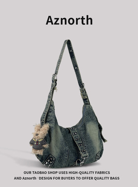 AZN新品  包包女2025新款托特包复古水洗牛仔单肩包女斜挎包12.12