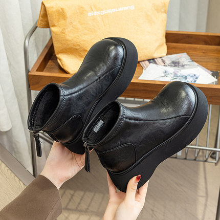 冬季勃肯鞋女厚底增高真牛皮加绒加厚毛毛一脚蹬懒人棉鞋新款短靴