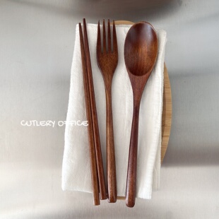 Cutlery | 日式木质耐用筷子勺子叉子三件套便携餐具套