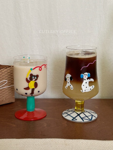 手绘卡通可爱小熊小狗高脚杯带盖吸管杯 日本同款 Cutlery 定制款