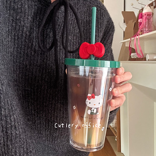 Cutlery 蝴蝶结吸管杯双层加厚冷饮大容量外带水杯 kitty联名款