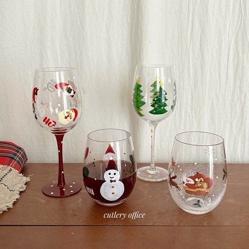 Cutlery | 圣诞氛围手绘雪人麋鹿玻璃杯高脚杯高颜值红酒杯蛋杯