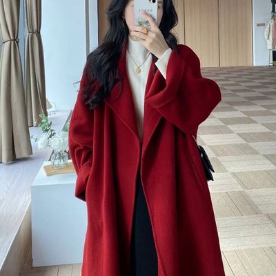高个子加长版西西里红色双面羊绒大衣女2025秋冬新款宽松毛呢外套