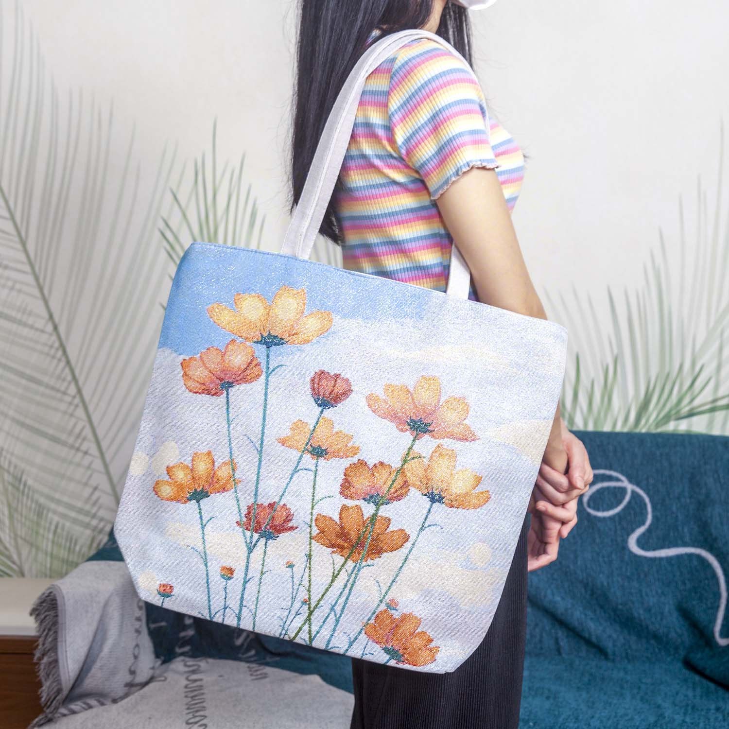 【大包银丝 格桑花】耐磨帆布包女款时尚新款提花绣手提包购物袋