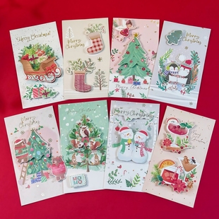 8张立体贴花圣诞贺卡韩国创意可爱卡通带信封圣诞节儿童祝福卡片